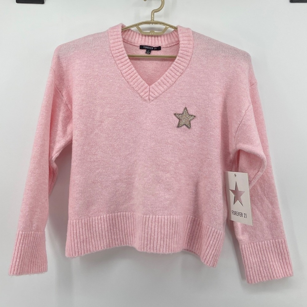 Forever 21 Pink V-Neck Beaded Star Oversized Sweater Womens Large RN123271